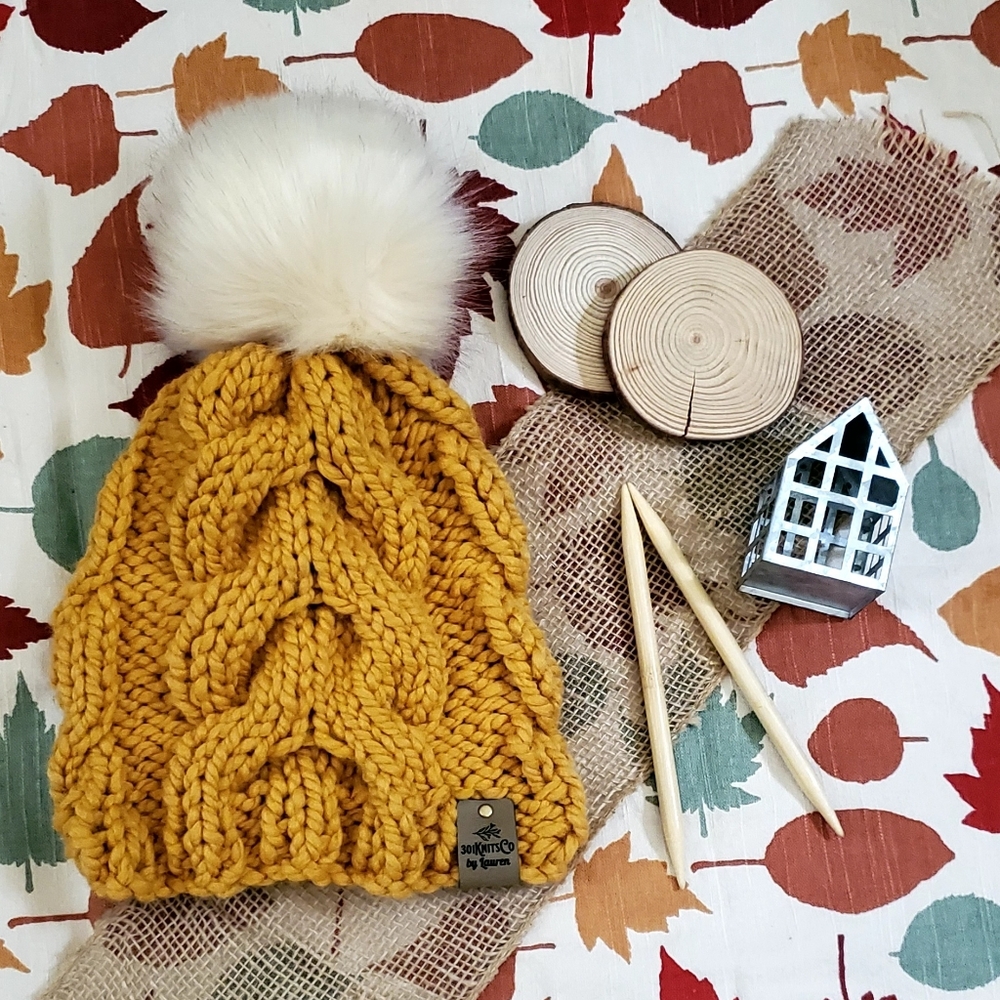 Chunky Mustard Knit Pom-Pom Beanie